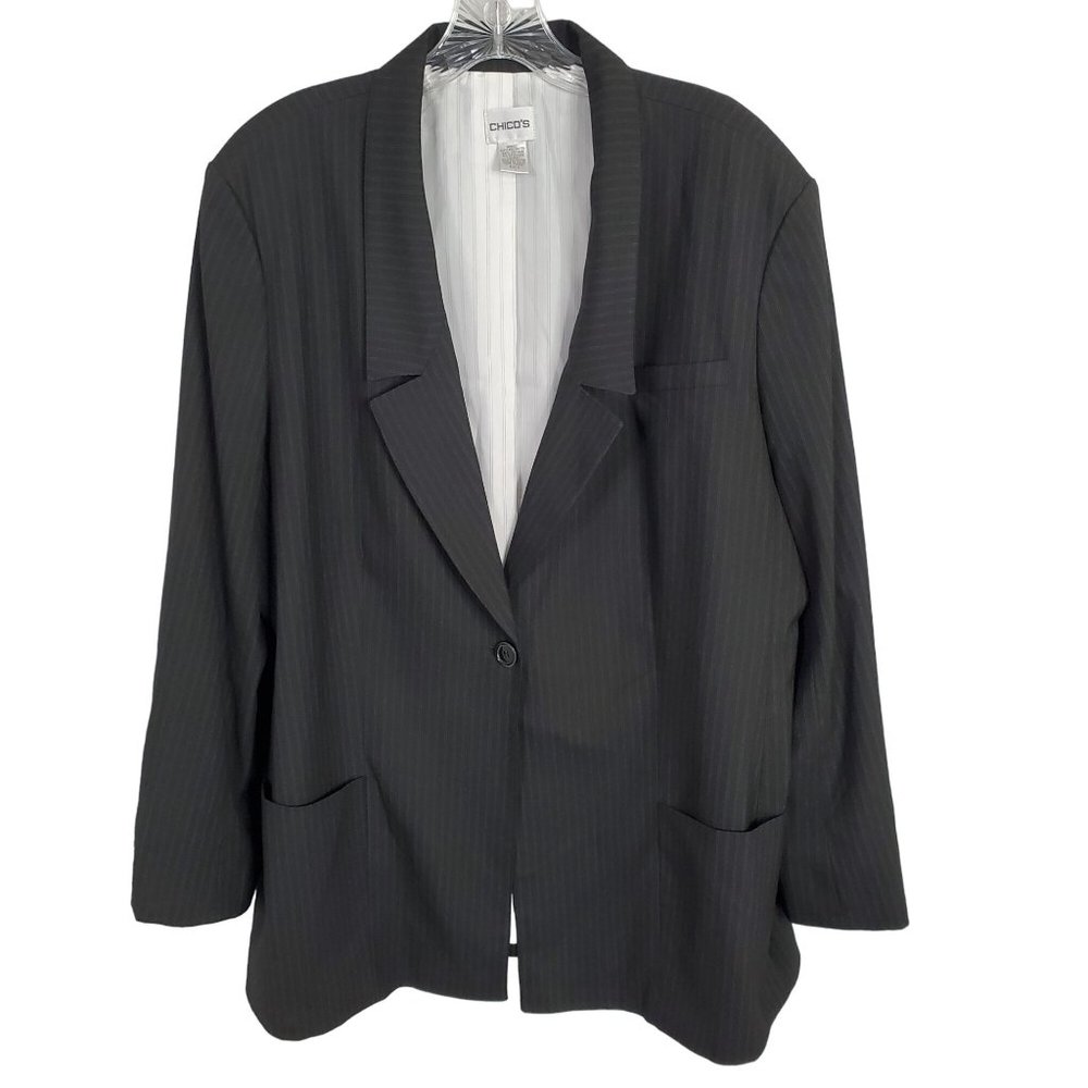 Chico's 3 Size XL Jacket Blazer Menswear Inspired Pinstripe Lined Pockets Black - Picture 2 of 9
